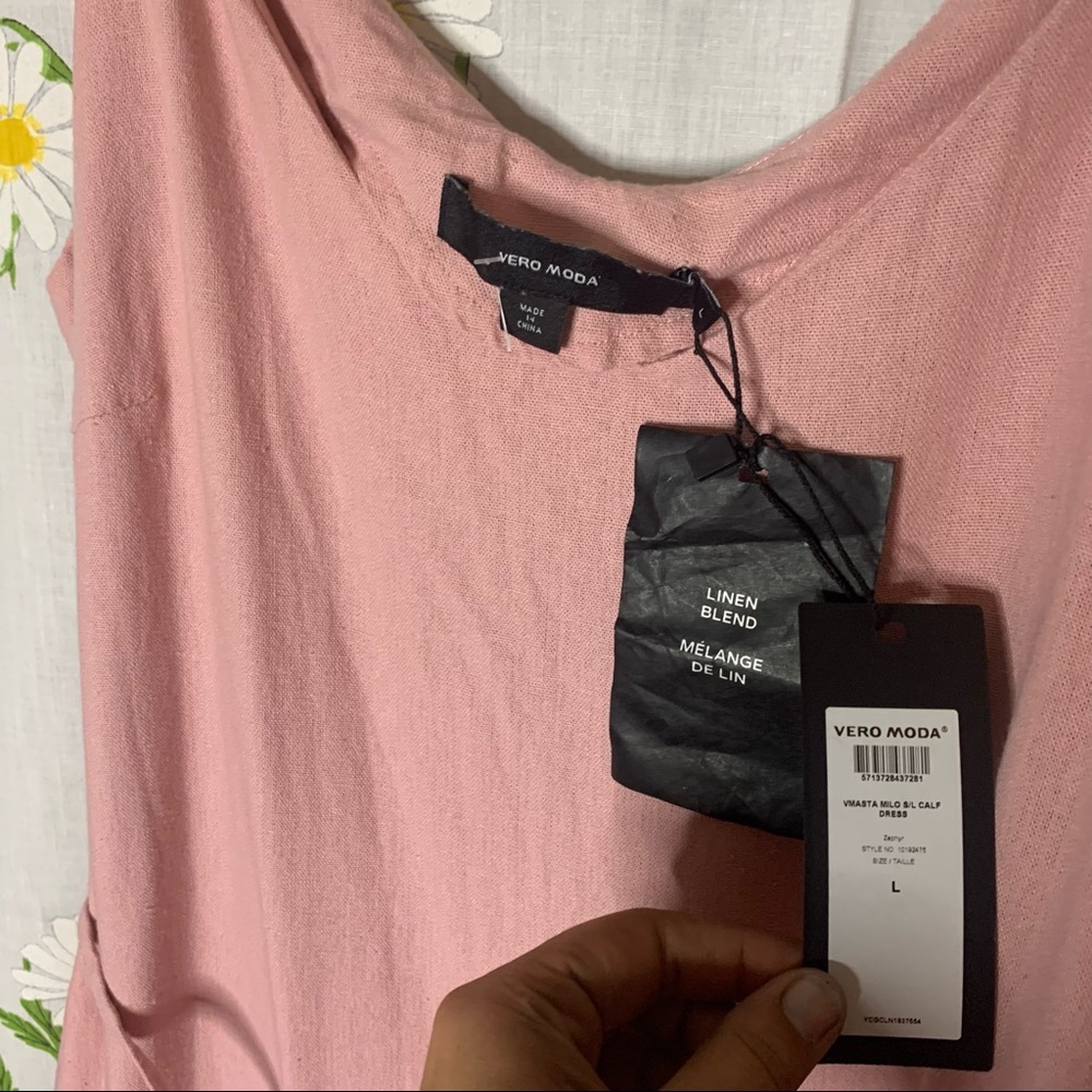 Vero moda pink linen ruffle hem strappy midi dress - Picture 6 of 7